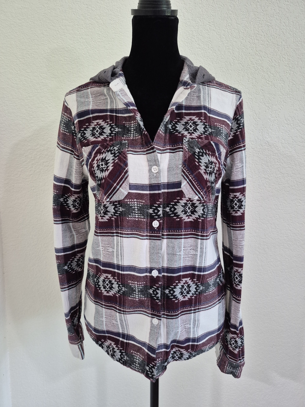 Empyre Women's Burgundy Plaid Button-Down Hooded Shirt